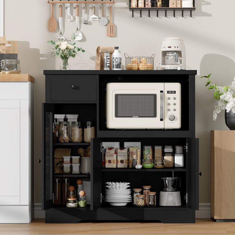 Armoire / support de cuisine pour micro-ondes avec 3 portes et 1 tiroir, armoire de rangement pour garde-manger, buffet avec tablettes réglables, pour la cuisine, la salle à manger, le salon, le couloir en noir