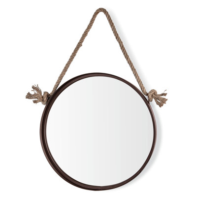 Parowan Dark Brown Iron Framed Round Accent Mirror with Hanging Rope