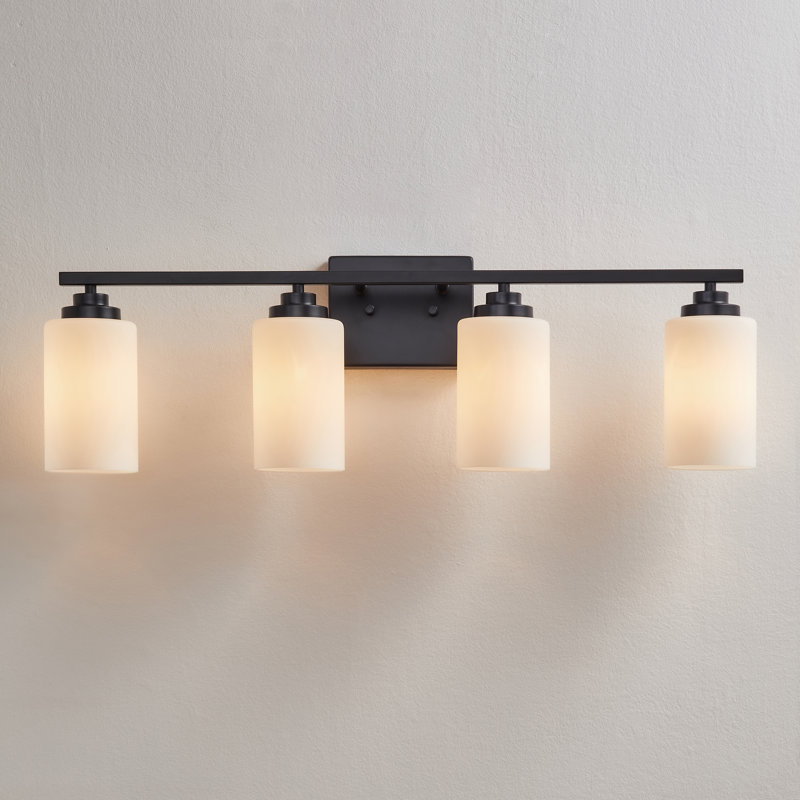 30 in. Black Steel 4-Light Dimmable Vanity Light with Frosted Glass Shades