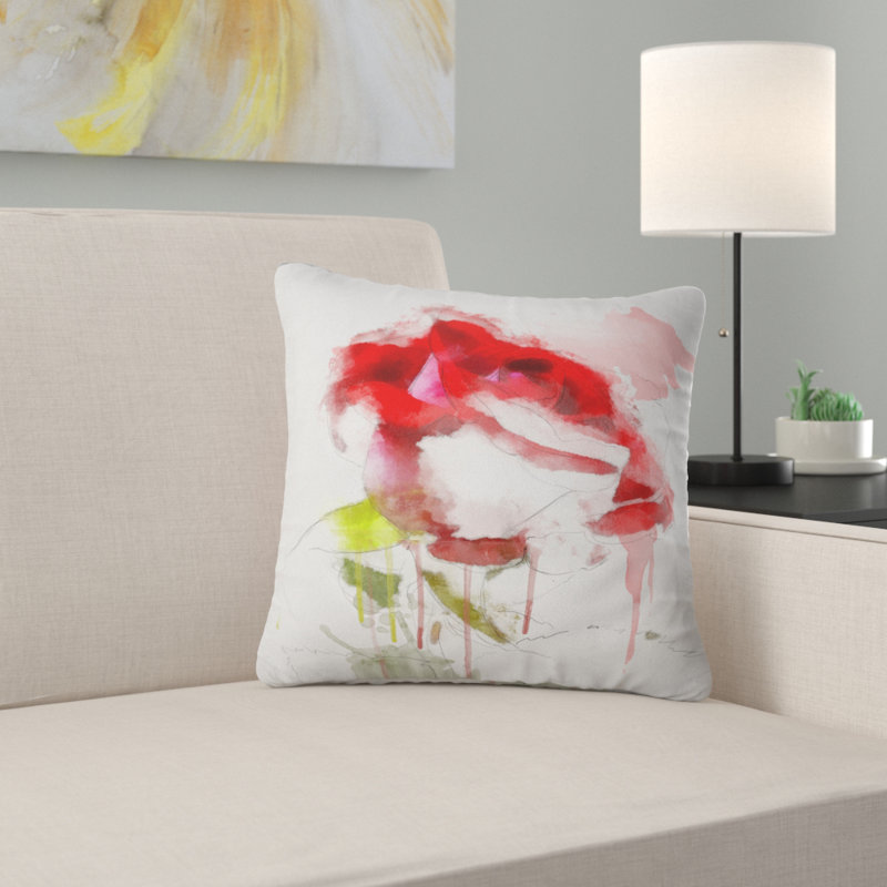 Croquis de rose rouge avec éclaboussures rouges - coussin à imprimé floral, 16 po x 1 po, Coussin décoratif
