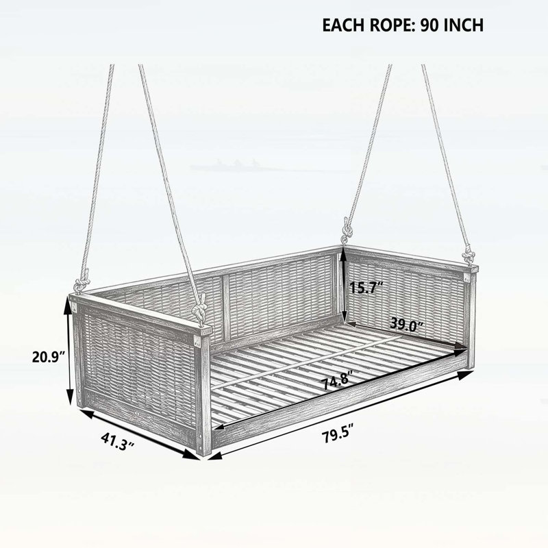Lit de balançoire en bois d'extérieur classique, cadre en rotin de jardin avec longues cordes pour la piscine, la cour arrière