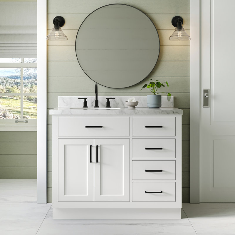 Meuble-lavabo simple en bois massif Tidworth de 42 po avec plateau en marbre de Carrare de 1,5 po, Gauche, Ovale, Blanc