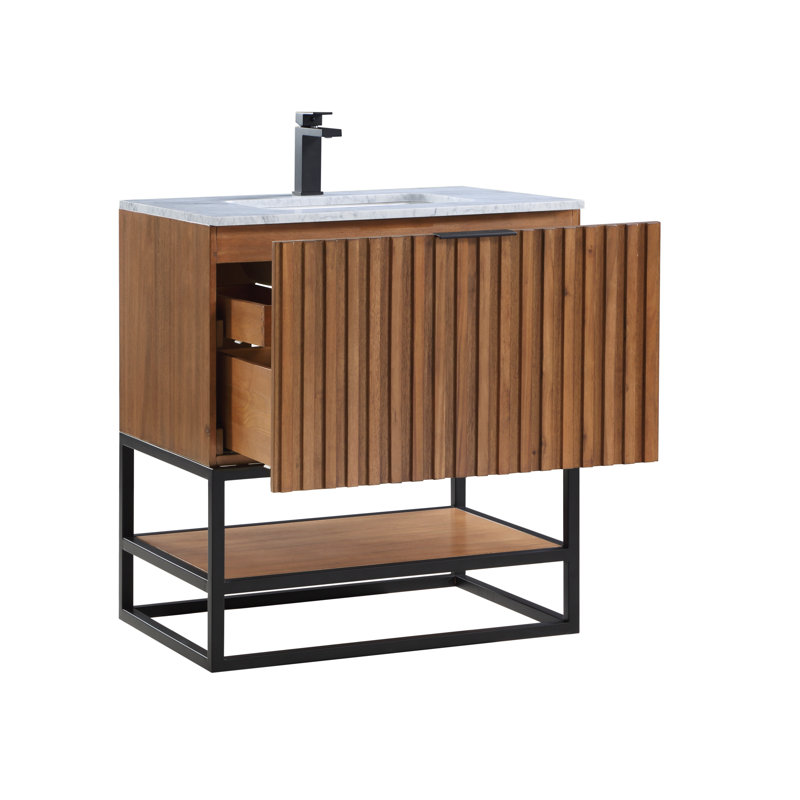 Terra 30'' Single Bathroom Vanity with Top, Walnut, Carrara Marble/Single Faucet Mount, Matte Black