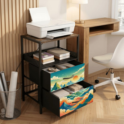 Table de chevet 2 tiroirs avec station de charge, table de chevet pour chambre avec ports USB et amp; Outlets, tablette ouverte noire, table de chevet avec paysage de montagne de rêve