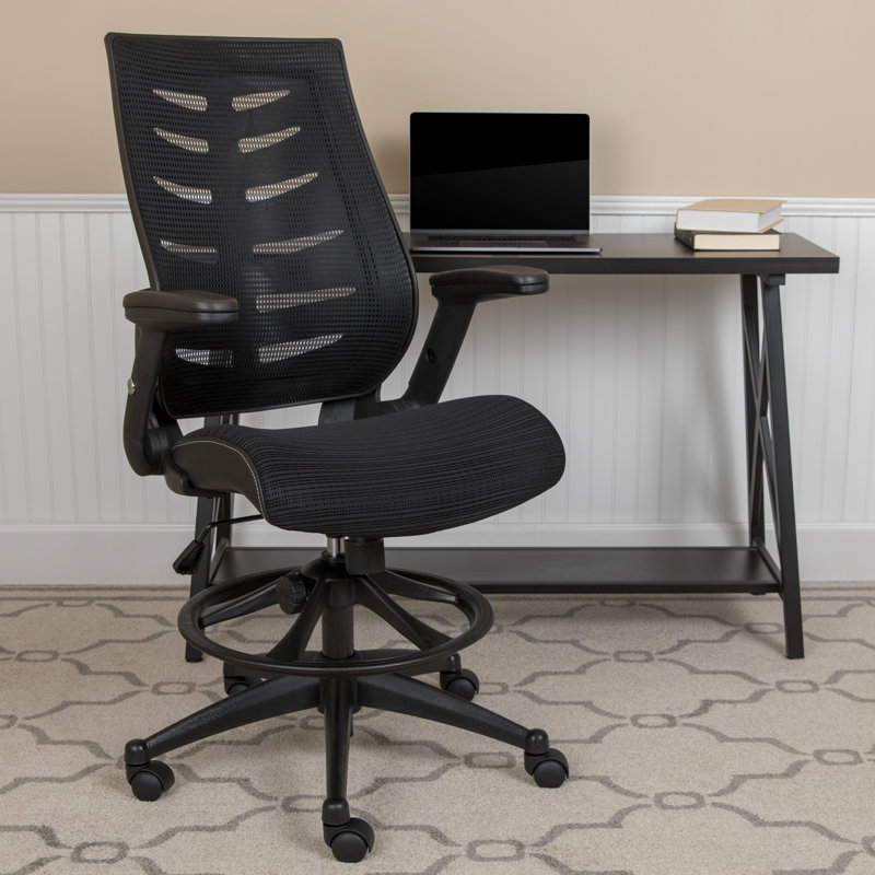 High Back Mesh Spine-Back Ergonomic Drafting Chair with Adjustable Foot Ring and Adjustable Flip-Up Arms, Black
