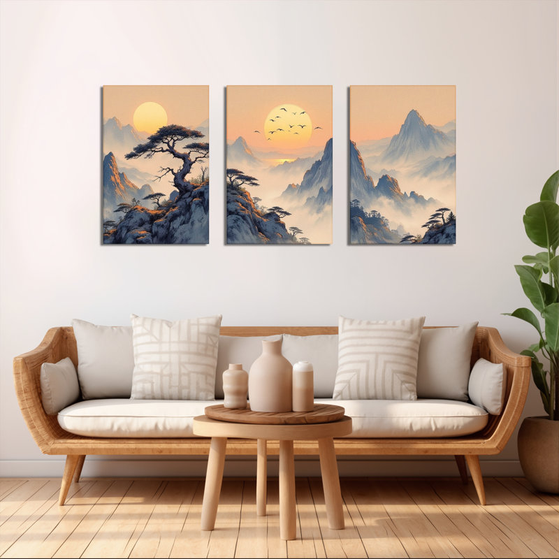 Paysage chinois coucher de soleil sur toile tendue, reproduction de peinture à l'huile (ensemble de 3), H 24 po x l 48 po
