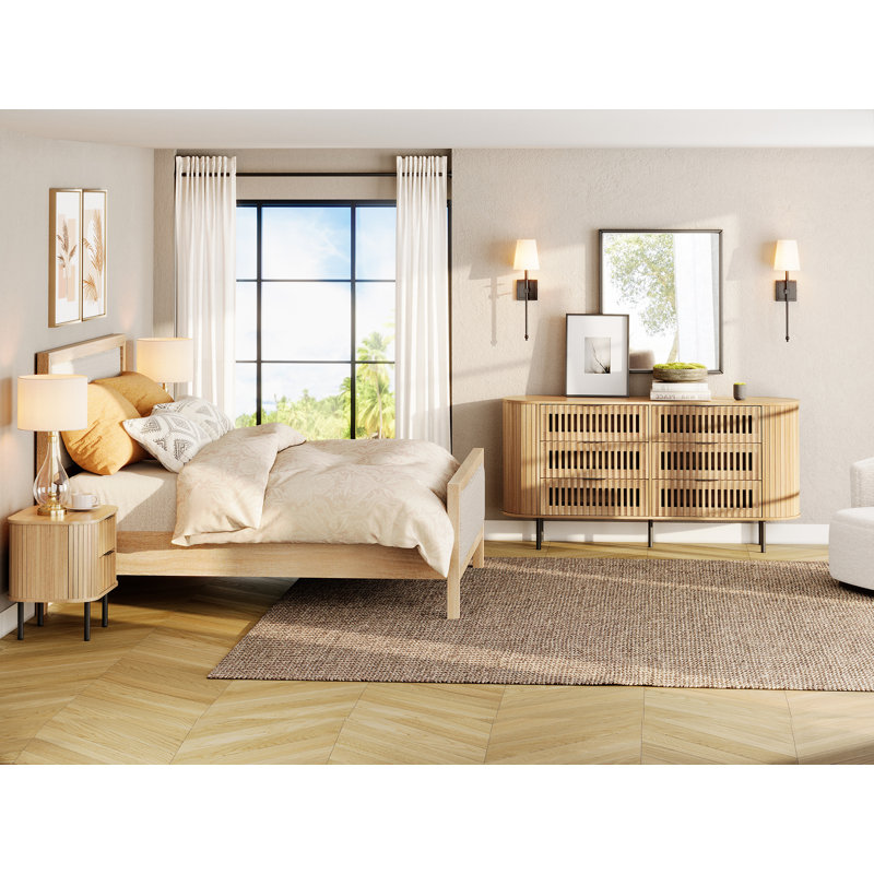 Commode cannelée à 6 tiroirs, commode moderne à profil incurvé, Chêne naturel