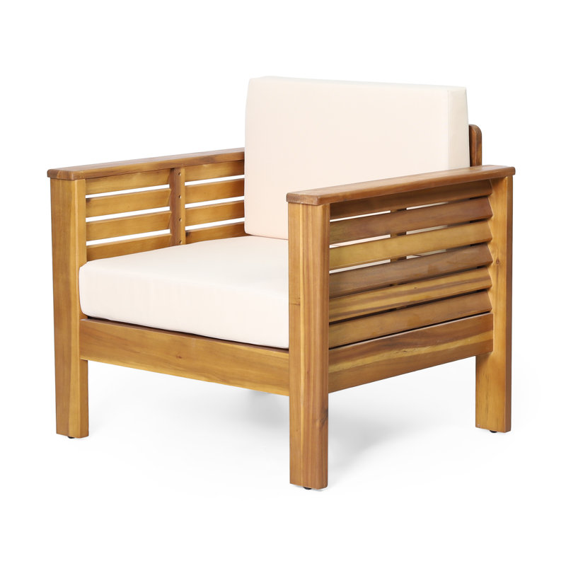 Zytaevius Modern Rustic Acacia Wood Outdoor Club Chairs with Slatted Sides and Water-Repellent Cushions, Cream/Teak
