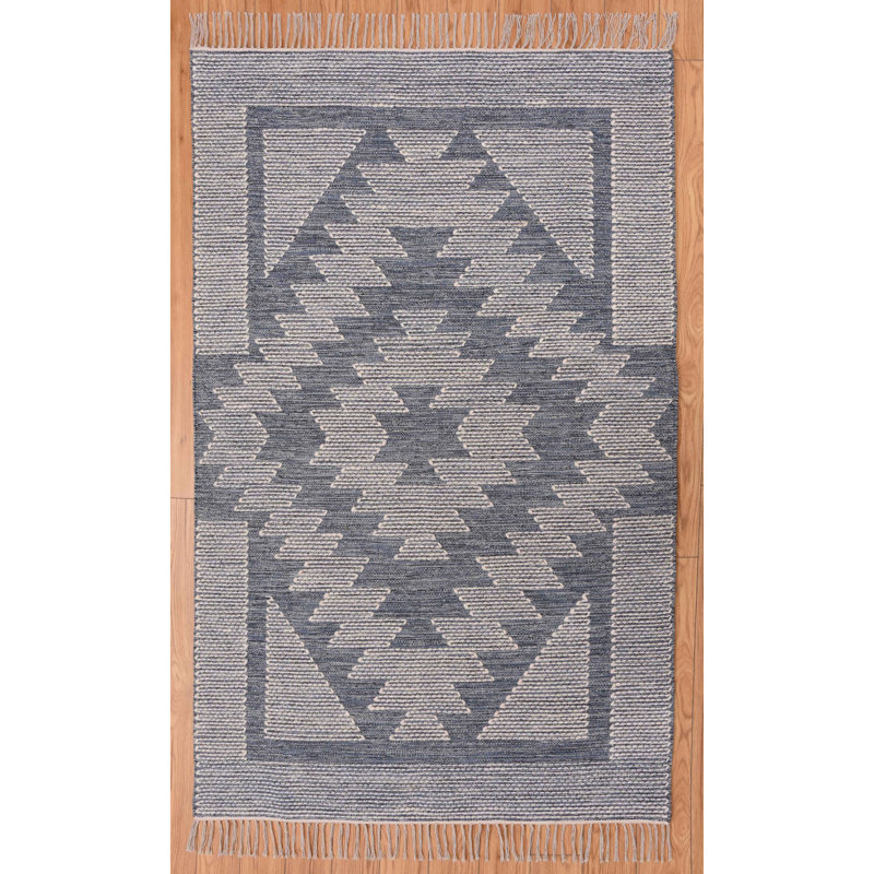 Tapis gris / naturel à motif géométrique tissé à plat à la main, Rectangle 2 pi x 3 pi