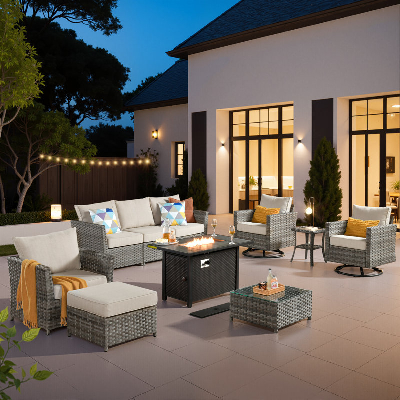 7-person Mostly No Assembly Required Outdoor Sectional With Cushions,swivel Rockers And Fire Pit,all-weather Wicker Patio Set
