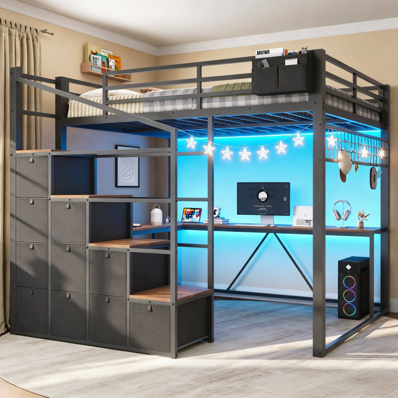 Lit mezzanine double avec bureau en L et 10 tiroirs de rangement, lit capitaine plateforme en métal avec éclairage DEL et borne de recharge, meuble de rangement gain de place pour escalier, idéal pour les petits espaces, les résidences étudiantes et les appartements.