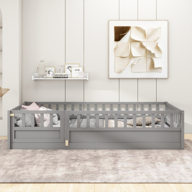 Montessori Wooden Floor Bed with Door and Guardrail, Low Profile Kids Bed Frame with Safety Barrier for Toddlers and Children, Support  slat Natural Wood