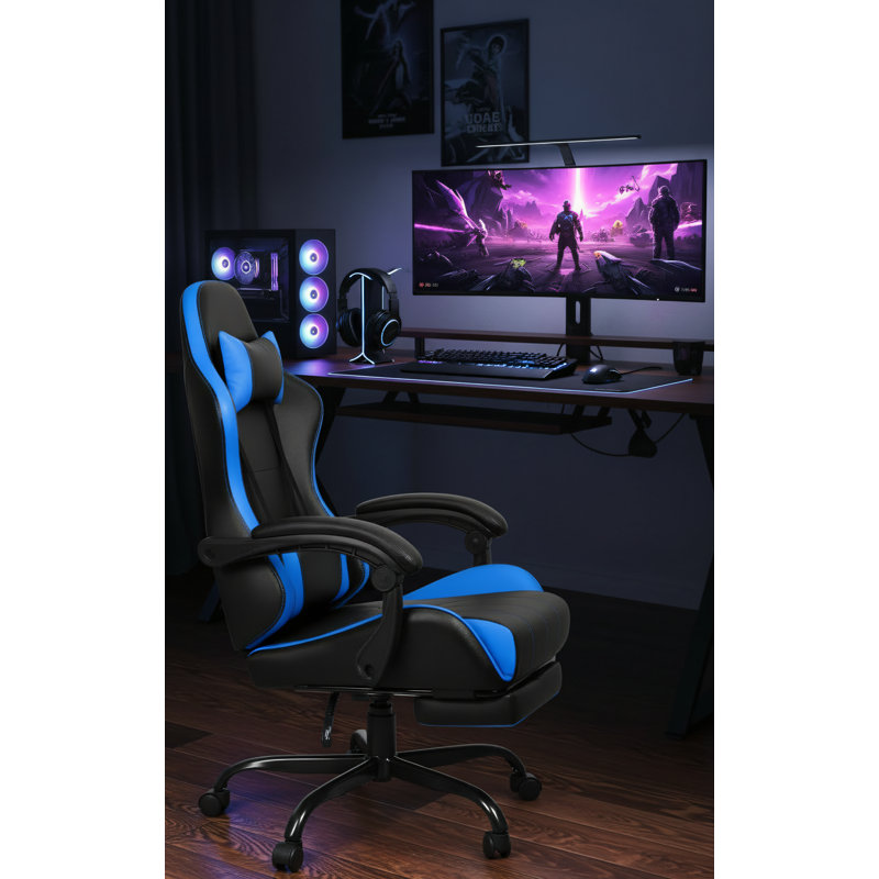 High-Back Reclining Leather Gaming Chair, Blue With Footrest And Lumbar Support, Height Adjustable, Ergonomic And Comfortable Computer Chair For Home And Office Use.