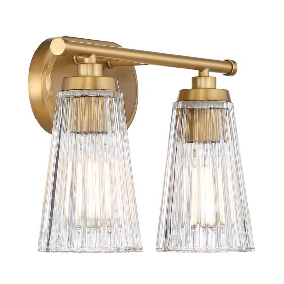 Jeanie Steel and Glass Dimmable Bathroom Vanity Light, Brass, 2 Lights, 10" H x 14" W x 14" D