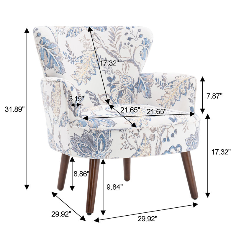 Upholstered Mid Century Modern Floral Accent Armchair with Solid Wood Legs, Blue