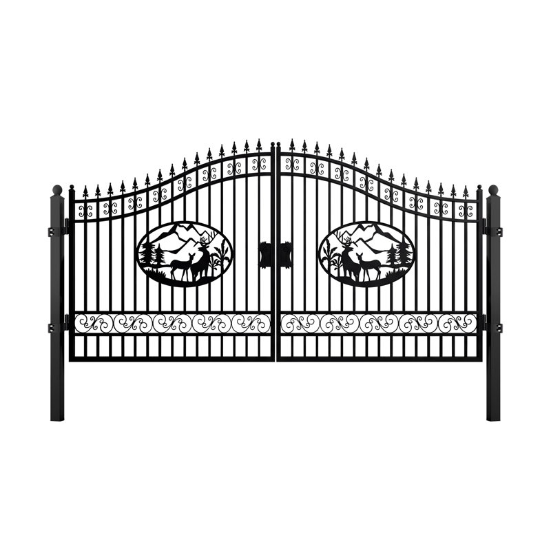 14FT Dual Swing Galvanized Steel Driveway Gate - Deer Design, Include Posts