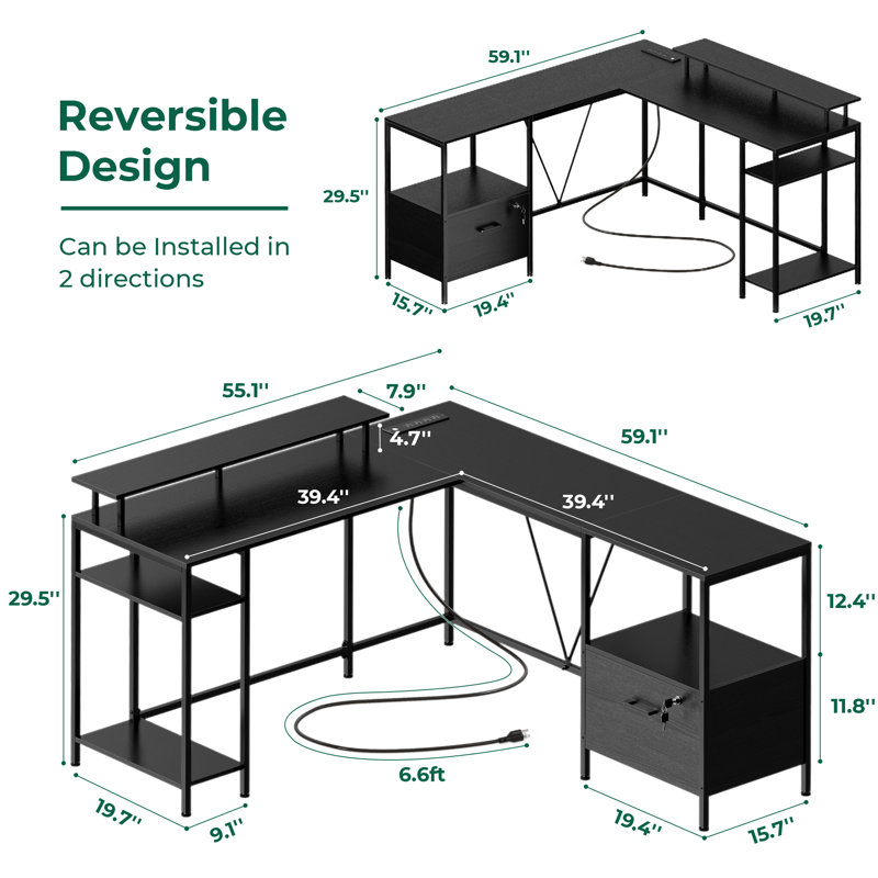 Kymberlyn 54" Reversible L Shaped Computer Desk with Power Outlets, LED Lights, Storage Shelves & File Cabinet, Black