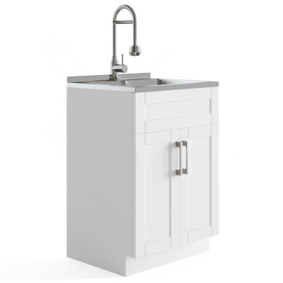  24" Laundry Cabinet With Faucet And Stainless Steel Sink - Pure White