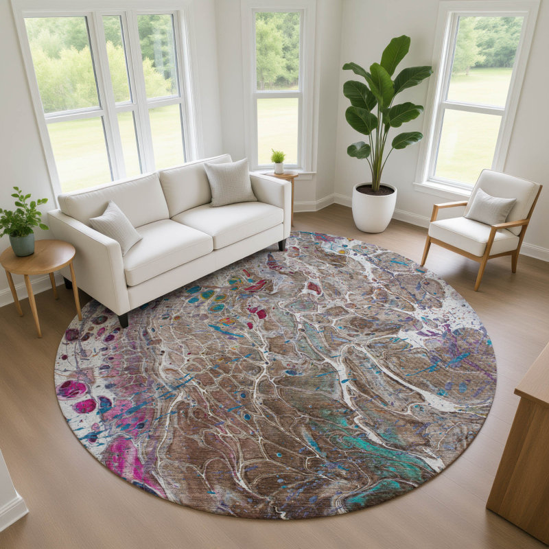 Tapis abstrait lavable à la machine intérieur / extérieur ACN2730, Brun, Rond 8 pi