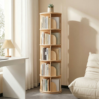 Bibliothèque rotative à 5 niveaux, grande bibliothèque ronde sur pied avec une rotation de 360 °, étagère de rangement en bois pour la chambre à coucher, le salon, le bureau personnel, naturel.