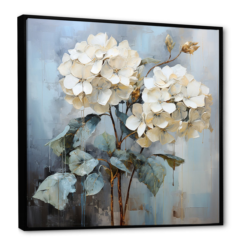 Hydrangées bleues dans des tons de gris sur toile, H 24 po x l 24 po x P 1 po, Cadre flottant noir