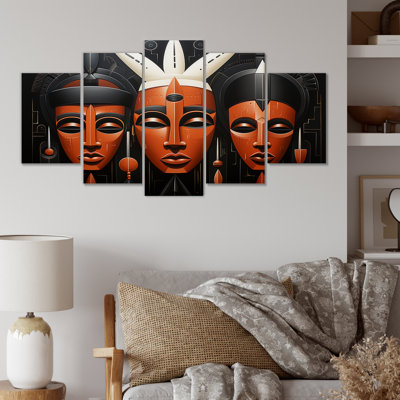 Black And Orange African Kuba Patterns Mask - African Mask Multipanel Wall Art Set