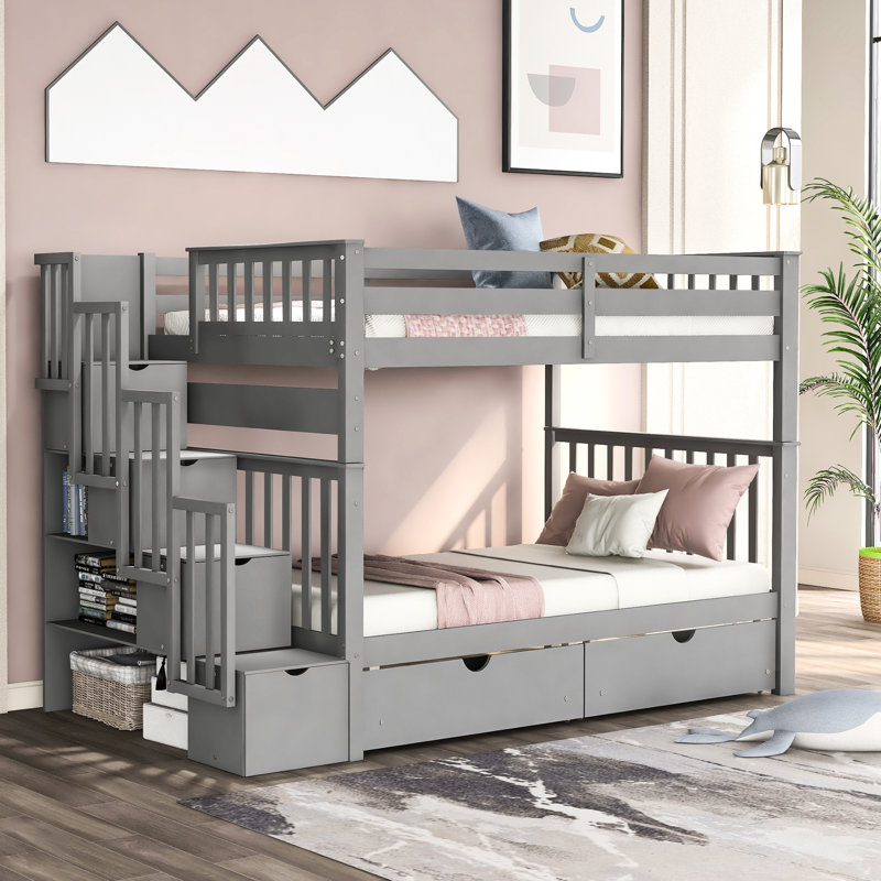 Full Over Bunk Bed With Shelves And Drawers, Solid Staircase For Easy Access, Safe Sleepovers At Home Pine Wood Structure