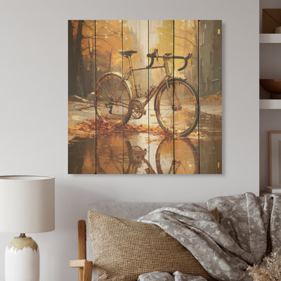 Roues dorées vélo I - art mural en bois de bicyclette sur bois de pin naturel