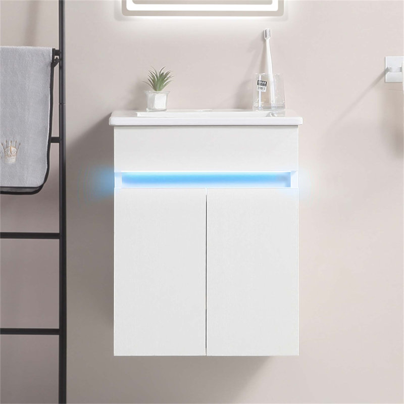 Meuble-lavabo mural moderne de 16 pouces avec radars et grand rangement, pour les petits espaces