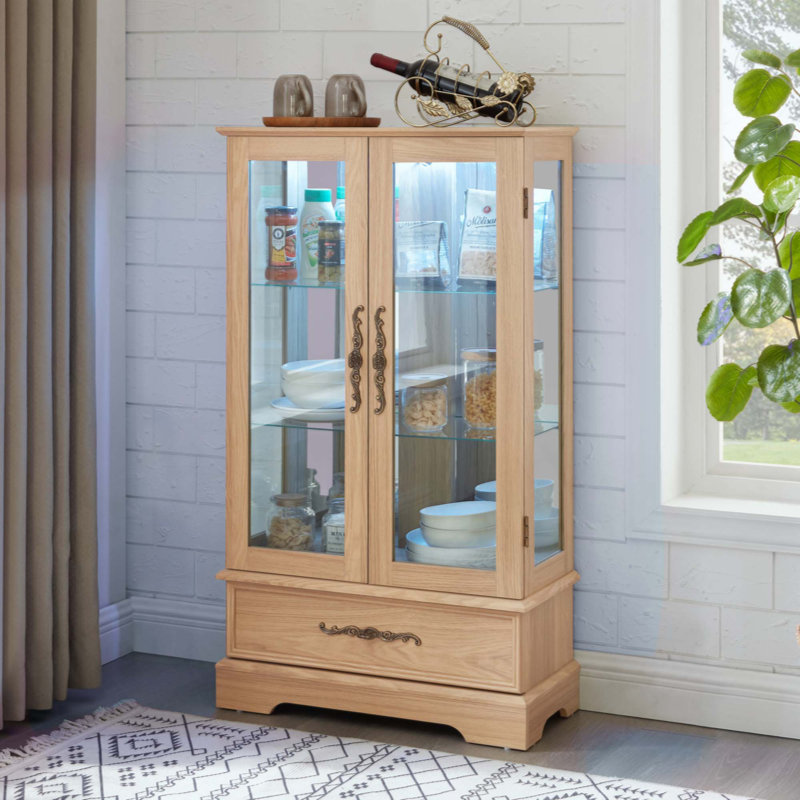 Vitrine lumineuse en verre avec tablettes réglables - 2 portes, 1 tiroir, lumières DEL