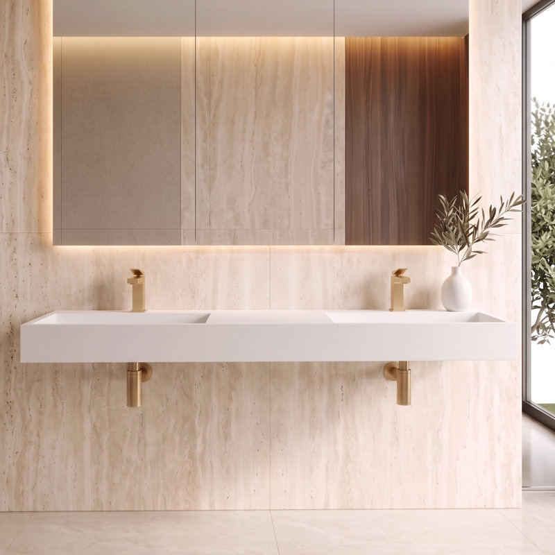 Lavabo de salle de bain mural à surface flottante avec drain dissimulé 72 po Juniper - Blanc, Blanc, Lit double