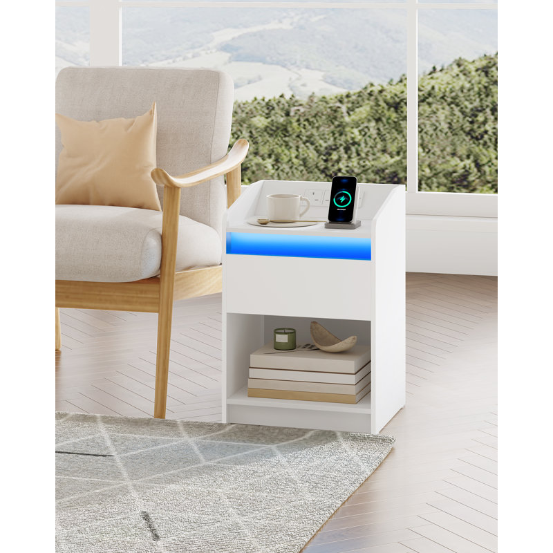 Bedside Table Set of 2 with LED Light, Bedside Cabinet with Charging Station, 1 Storage Drawer Nightstand for Bedroom, Living Room, 2 USB Port, 2 Outlets, Open Compartment