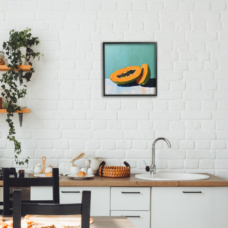 Paire de papayes sur giclée encadrée bleue, design par Walker Noble, Giclée encadrée noir minuit, H 12 po x l 12 po