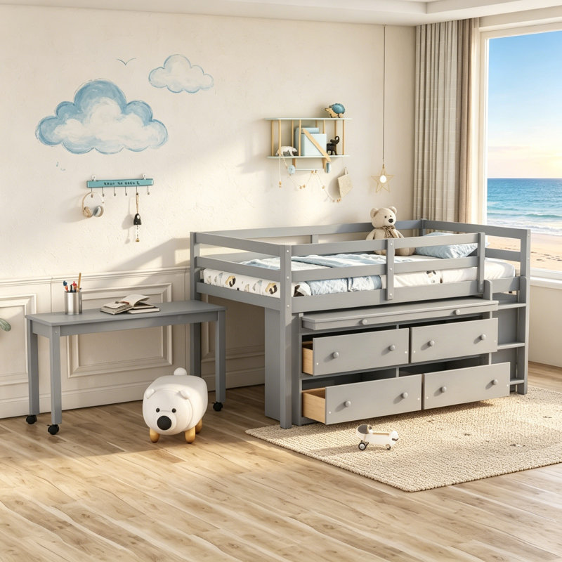 Lit mezzanine multifonctionnel en pin massif avec 4 tiroirs de rangement, bureau latéral rétractable et tablettes latérales ouvertes, barrières de sécurité complètes, livré en 2 paquets Assemblage facile