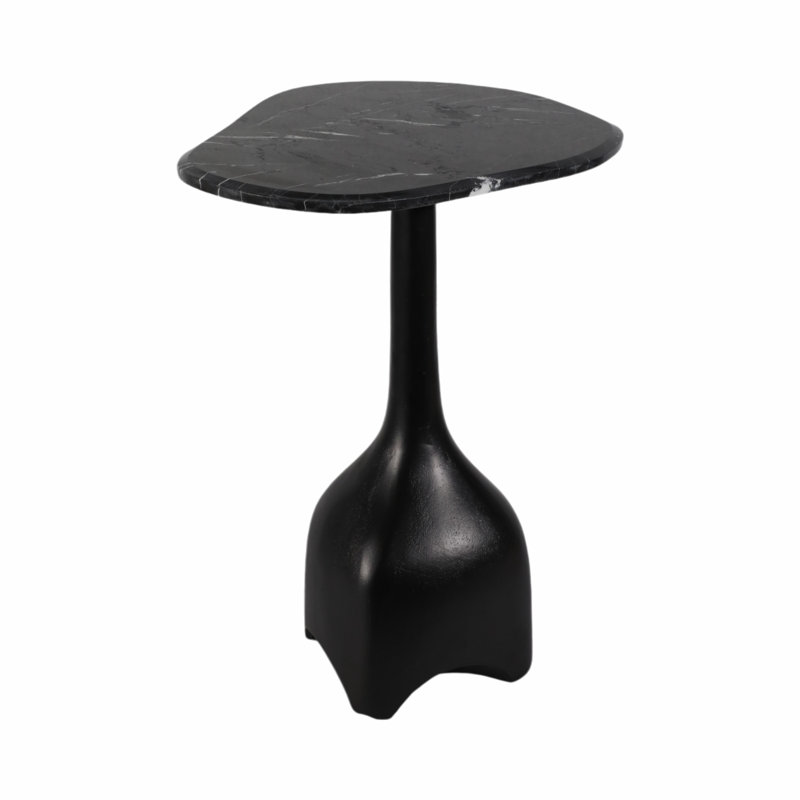Modern Contemporary Accent Table with Marble Top and Sculpted Stone Aluminum Metal Base., Black