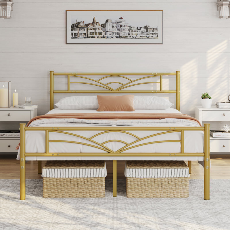 88.5cm Height Metal Bed Frame with Cloud-inspired Design Headboard, Double (4'6), Antique Gold