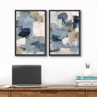Soft Blue Neutral Abstract Set Framed Canvas Master Bedroom Wall Art Work 2 Pieces Print