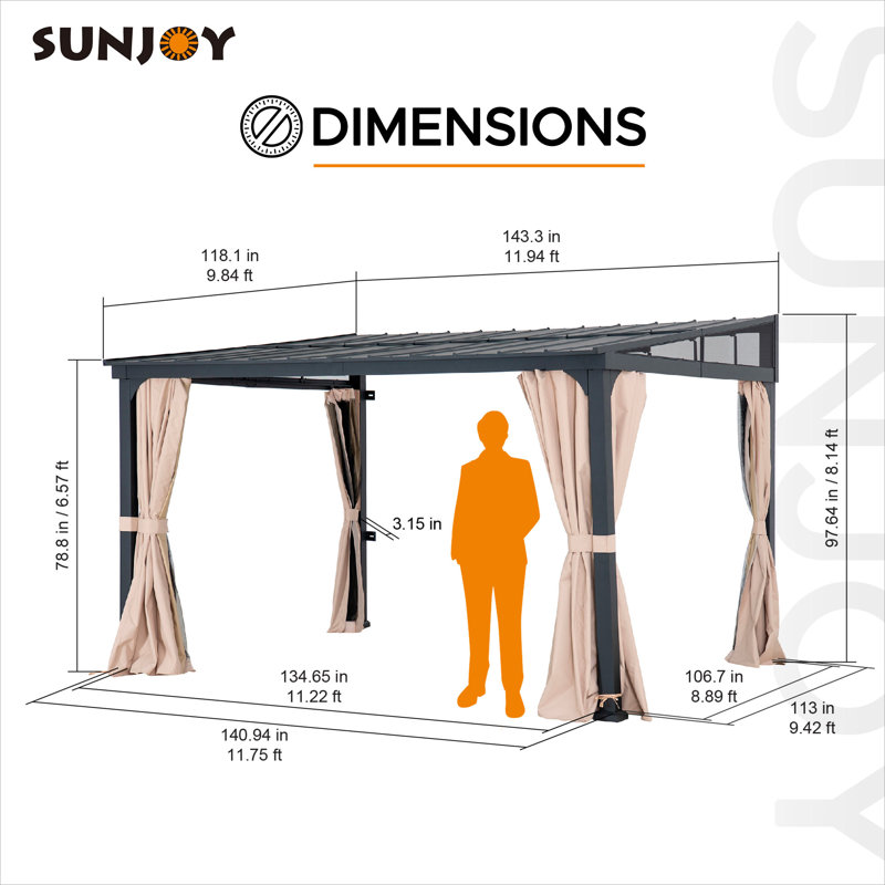 Sunjoy 10 x 12 ft Wall-Mounted Gazebo with Powder Coated Steel Roof, Black Aluminum & Metal Frame Lean to Gazebo with Curtains and Netting
