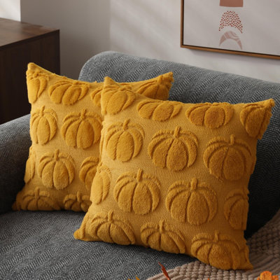 Housses de coussin d'automne 40x40 cm (2 pièces) Beige Citrouille Décorations d'automne pour la maison Ensemble de 2 housses de coussin décoratives en fausse fourrure douce et peluche pour canapé, fauteuil, chambre, salon, décoration intérieure