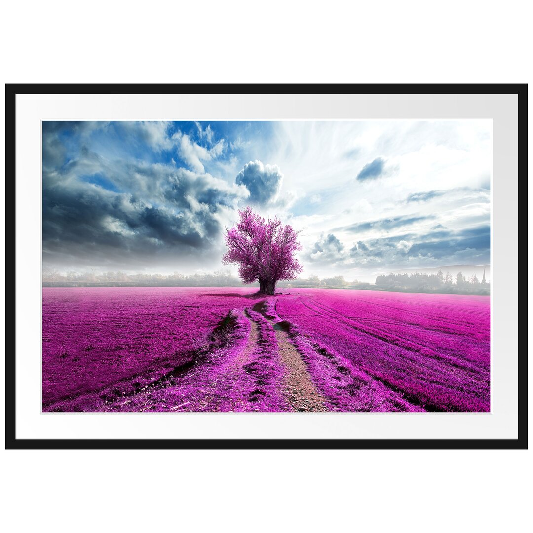 Gerahmtes Poster Pinkes Feld mit pinkem Baum