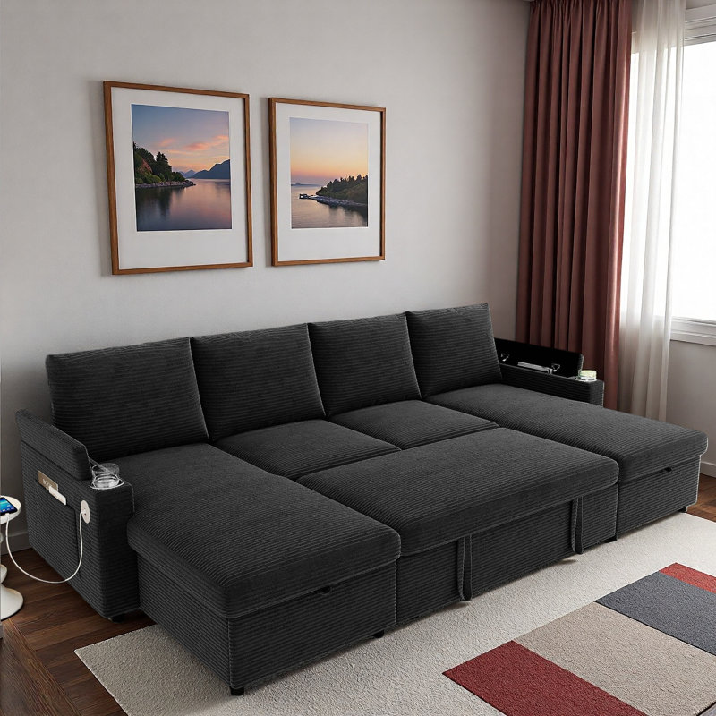 Canapé modulaire convertible en forme de U avec méridiennes de rangement, porte-gobelets, ports USB, boîtes de rangement et poches
