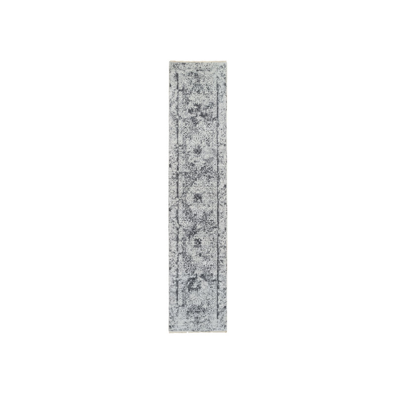 Tapis de passage en laine et soie, nouÃ© Ã  la main, gris, motif zoroastrien estompÃ©, 2 pi 7 po x 12 pi 44E8B3ABBC314756AB91B462617F64A8