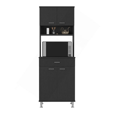 Pantry Cabinet 67" H, Four Doors, One Drawer, Three Internal Shelves, 2 External Storage Shelves, Microwave Storage Option, Four Legs, Black