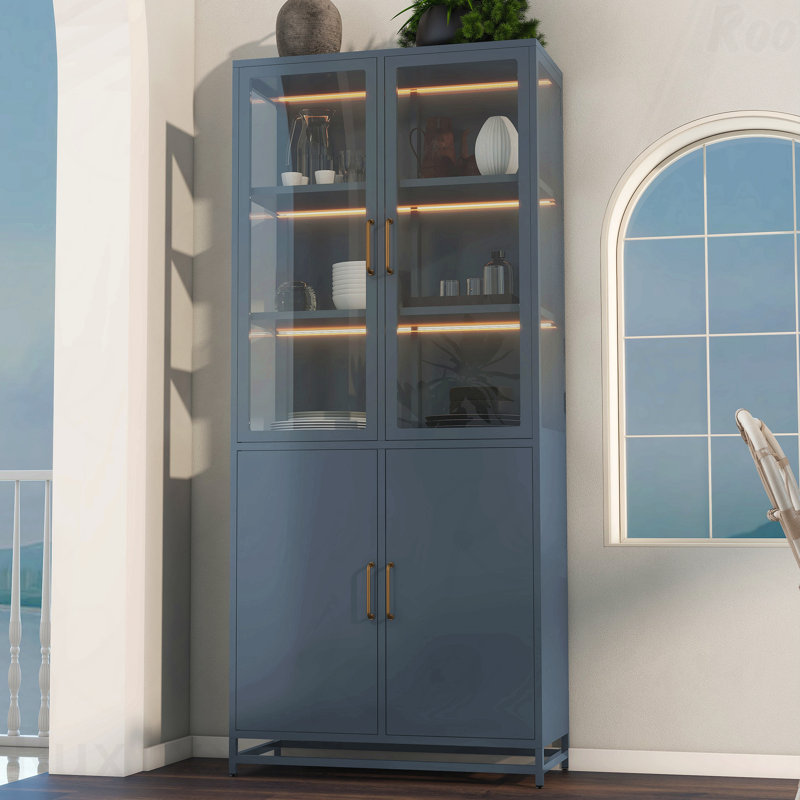 76.75'' Tall Dark Blue Display Cabinet With Glass Doors And Led Lights Steel Curio Cabinet With 3-Sided Glass Pantry Storage Organizer Cabinet For Hallways Livingroom Kitchen Home Decor & Office