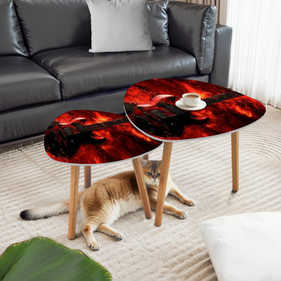 Triangle Nesting Coffee Table Set of 2 Fire Burning Eletric Guitar Musical Instruments Electric Flames End Table Modern Minimalist Side Table Set for by East Urban Home