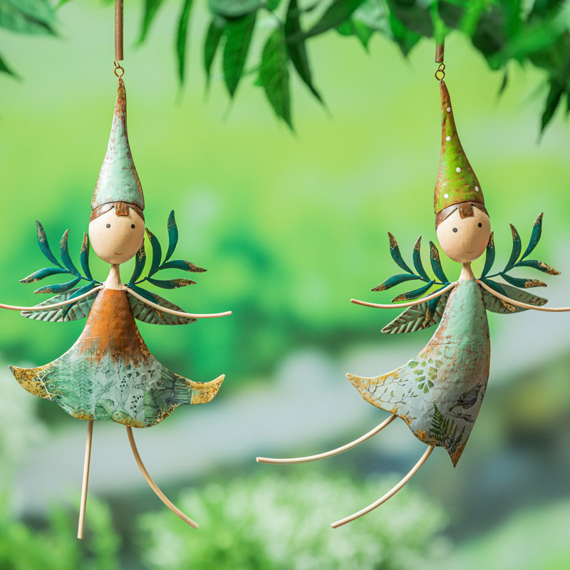 Metal Hand Painted Fairies with Greenery Outdoor 2 Piece Collection