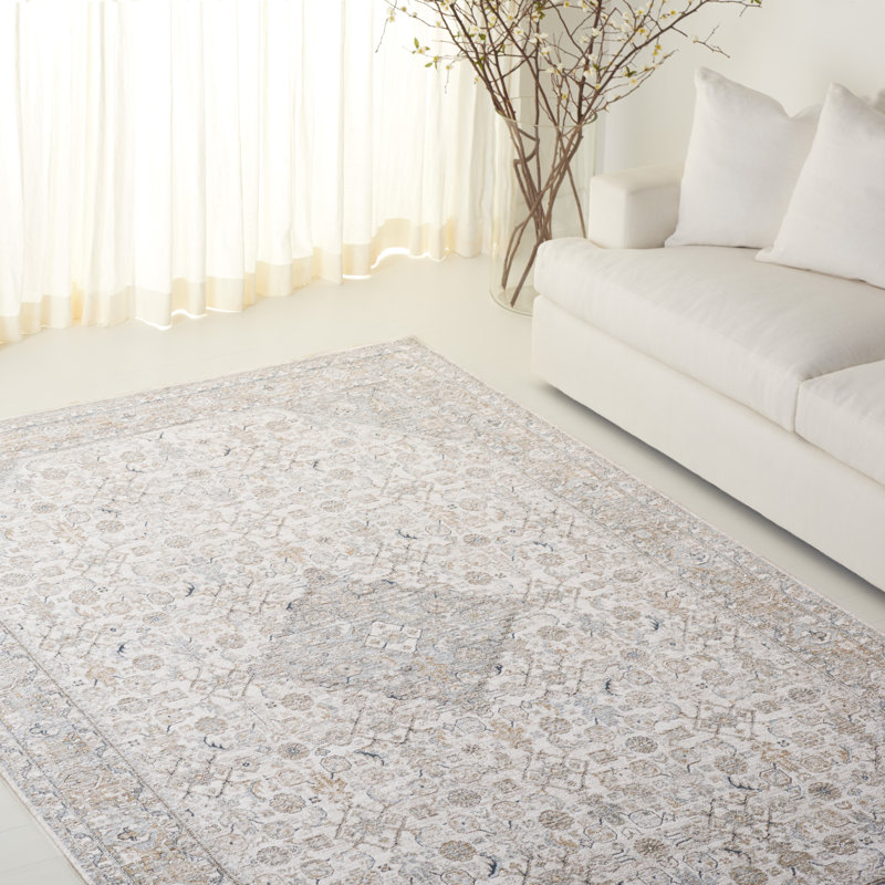 Tapis ivoire / bleu en polyester tissé à la machine Lauren Ralph Lauren 1755, Rectangle 5 pi 3 po x 7 pi 6 po