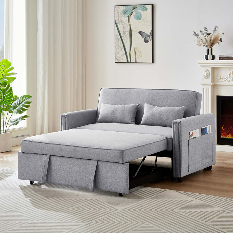 Indoor Contemporary Sofa Sleeper Sofa Bed With 2 Lumbar Pillows And Side Pocket For Home, Gray Linen 1