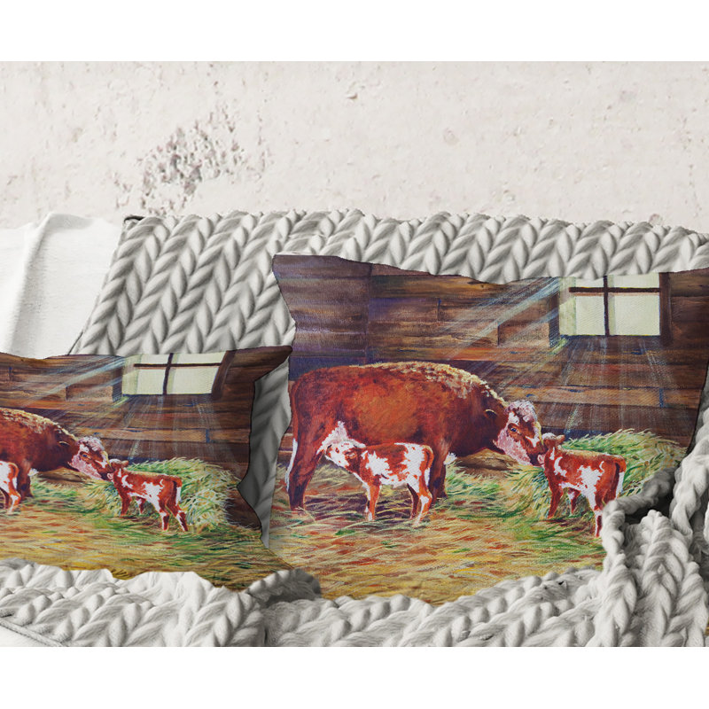 Carré, nouveau-né veaux simples à la ferme - Coussin décoratif imprimé maison de campagne, 16" x 16"