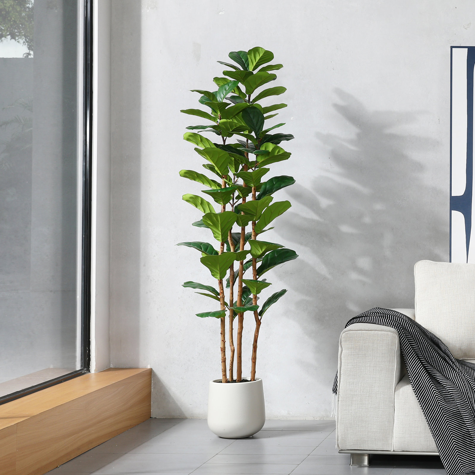 Adarna Artificial Fiddle Leaf Fig Tree with Realistic Leaves and Natural Trunk, Potted Tree, 72" H x 24" W x 24" D